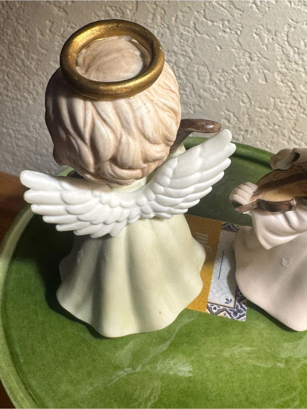 Lefton Pair of Ceramic Angel Figurines with Gold Halos - Cream and Green Accent